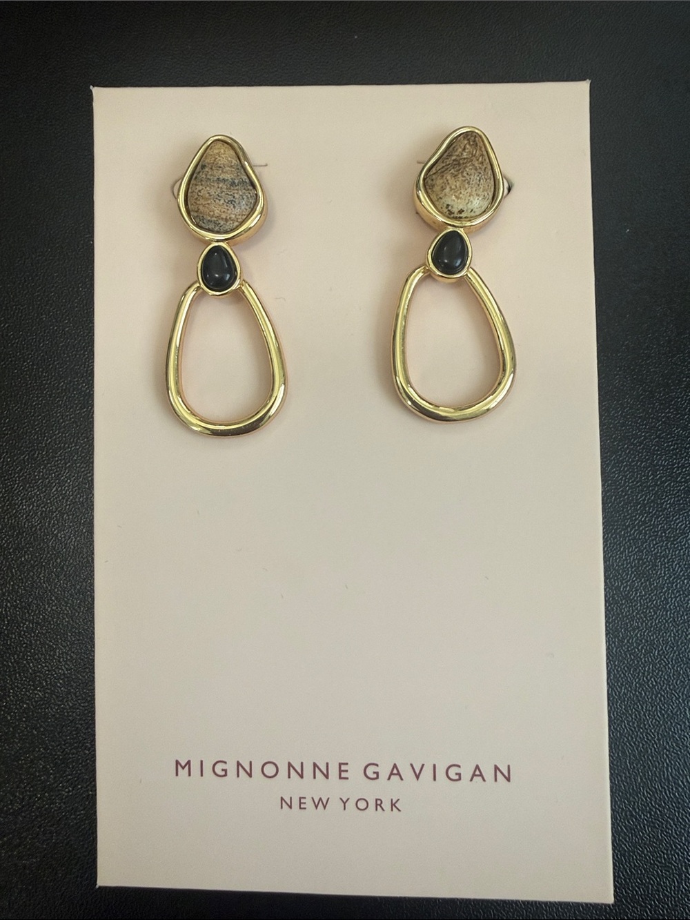 Mignonne Gavigan Gold Drop Earrings with Brown Stone and Black Accent